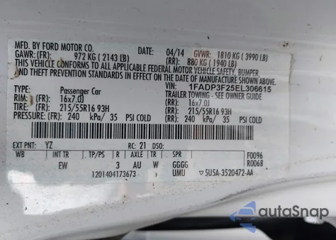 2014 Ford Focus Se z USA, uszkodzony, nr VIN 1FADP3F25EL306615